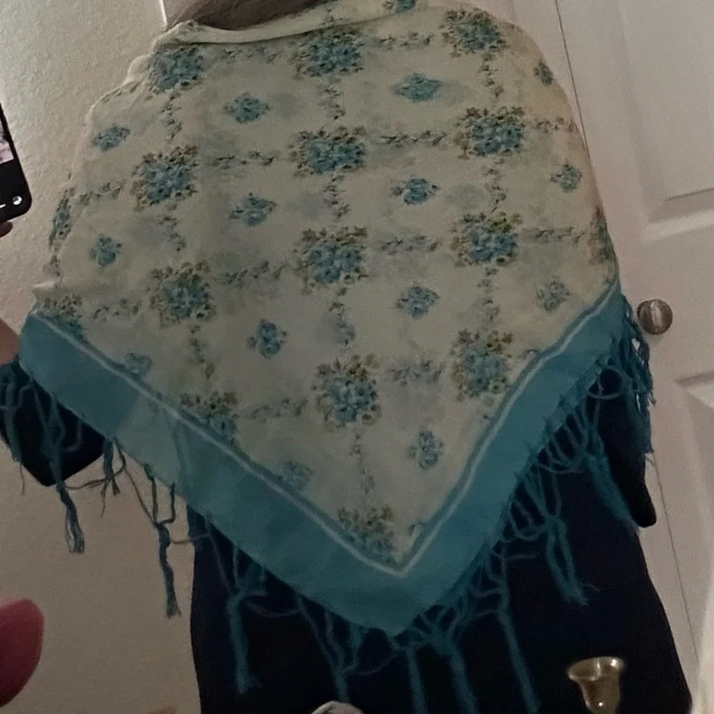 Dainty Silk Scarf Shawl Roses Blue Cream Cottagecore Fringe 39” x 41”